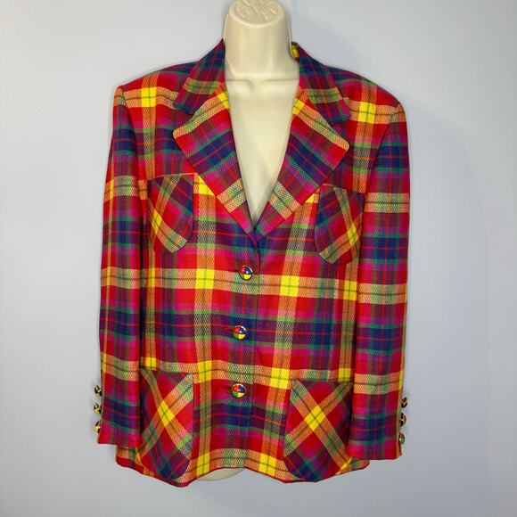 ESCADA Vintage Linen 90's Blazer Plaid Blazer Jacket Retro Multi Colorful Sz 12 - Picture 1 of 16